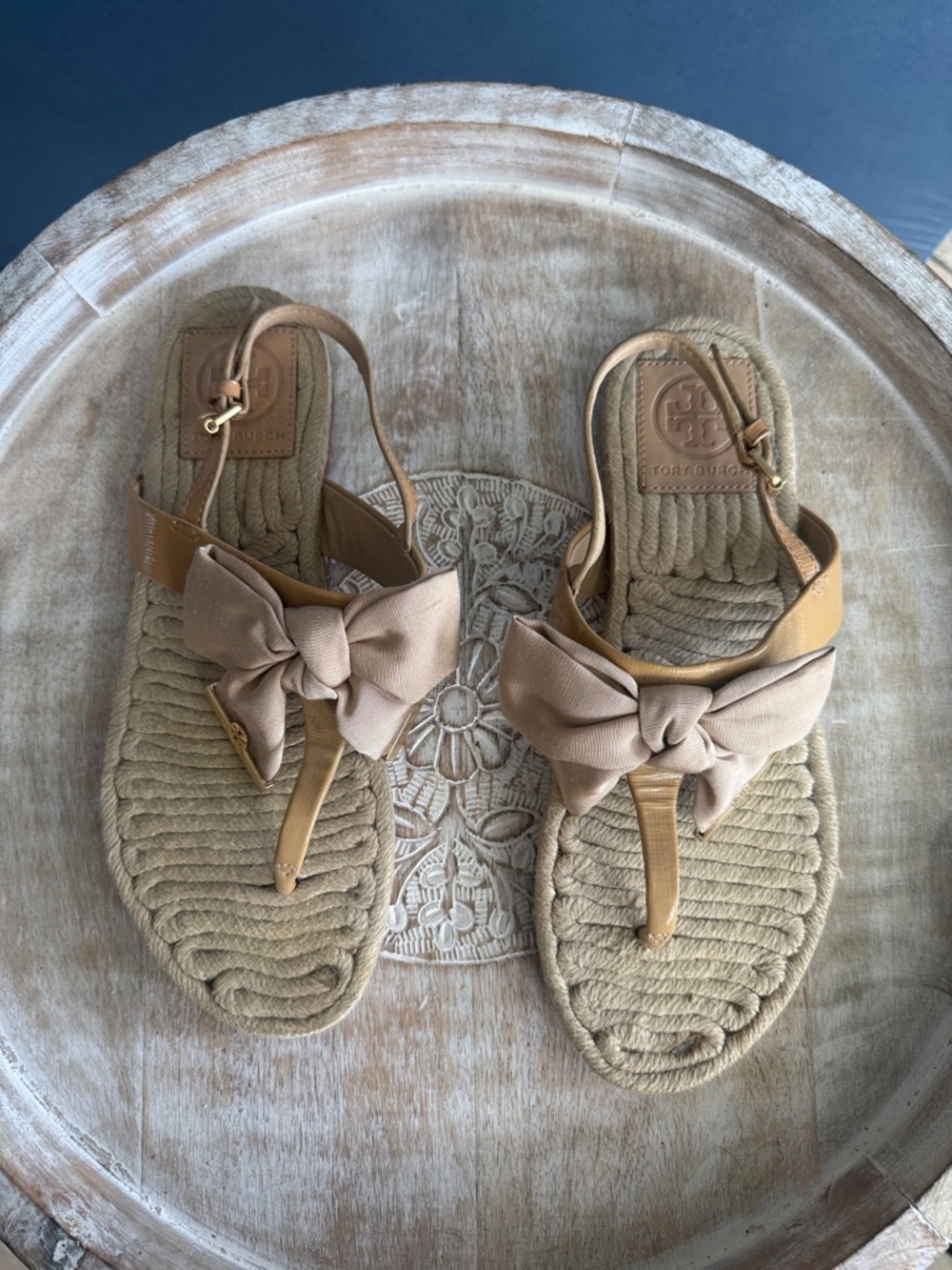 Tory Burch Tan Bow Thong Slingback Sandals